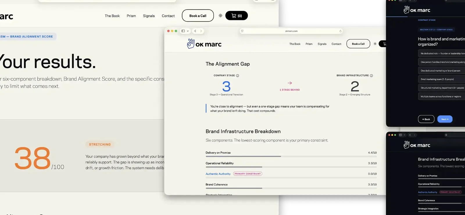 Select screens from the 18 Question Prism Brand Assessment.